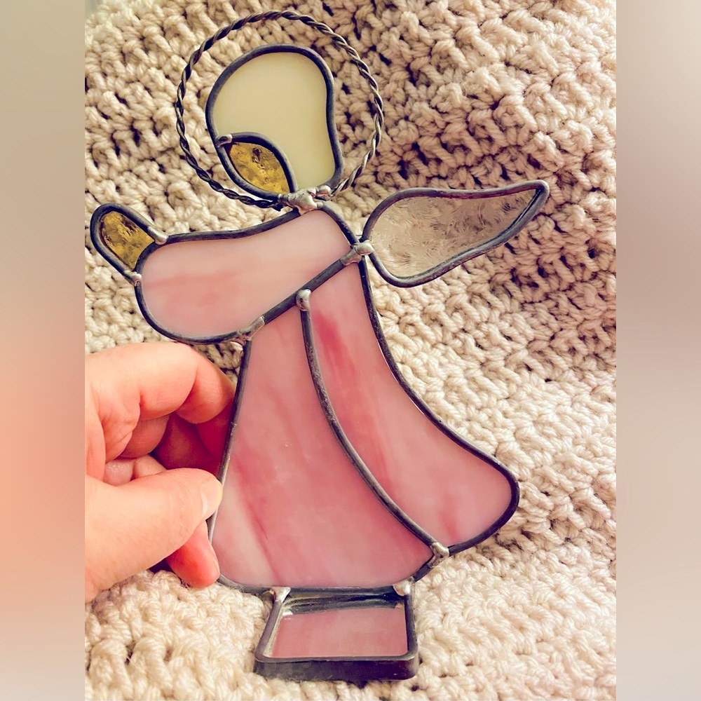 Stained glass praying angel mirrored bottom stand candle holder votive #21